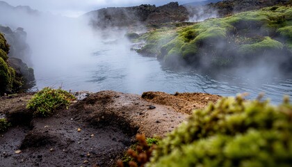 Ethereal steam rises from tranquil geothermal pools, painting a serene and vibrant landscape with rich green flora and volcanic rock, evoking natural wonder and a peaceful atmosphere