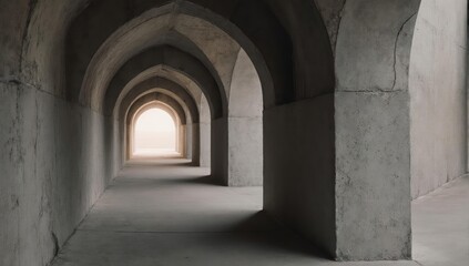 Long, arched corridor, softly lit, leading to bright light at the end