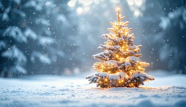 A Snowy Fir Tree Decorated with Golden Lights in a Winter Forest Landscape with Falling Snow