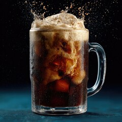 Frothy drink with splash in mug, on dark background, condensation visible
