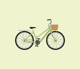 Vintage bicycle with a basket. Cute women's city bike with a low frame and front basket.