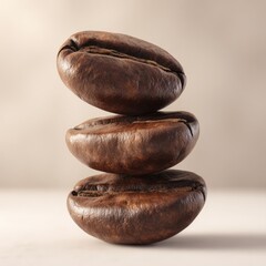 Three coffee beans stacked on one another, showing texture and rich, brown color