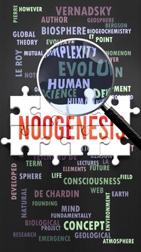 Noogenesis under magnifying glass, being researched, studied and examined. Most important subjects and ideas related to noogenesis written around a puzzle to symbolize complexity of noogenesis.