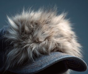Cap with fluffy fur pompom detail on top against a blurred blue background