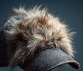 Denim cap covered in fluffy fur on blue backdrop, soft diffused lighting