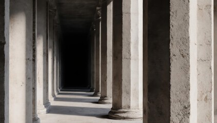 Concrete columns create a dark, long tunnel perspective, casting shadows