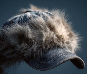 Furry denim cap a stylish, unusual headwear with long, soft fur accents