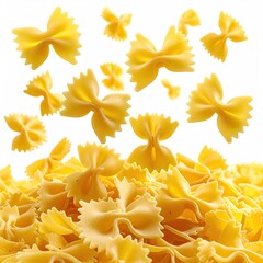 A close-up of bow-tie pasta with some falling on a white background