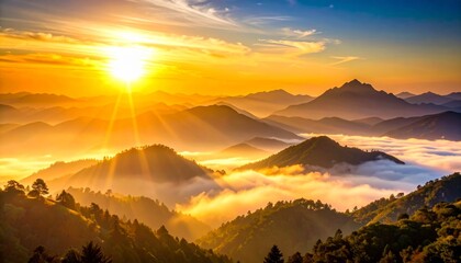 "Golden sunrise over misty mountain landscape with layered peaks and radiant sky colors."