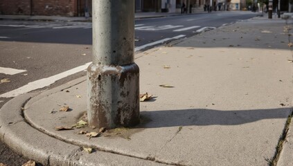 Concrete pole on a city corner with sidewalk and street, autumn leaves