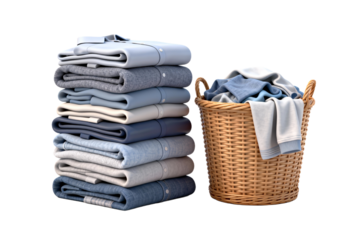 Stacked Folded Blue Clothing with Laundry Basket