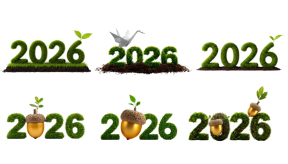 Creative 2026 text design with growing plants, flowers,  2026 grass elements