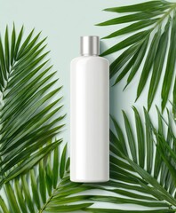 Blank white bottle surrounded by palm fronds on light mint background