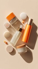Assorted skincare bottles and jars in orange and cream tones on a beige background