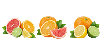 Fresh Citrus Fruits Assortment: Oranges, Grapefruits, Limes, Lemons with Leaves