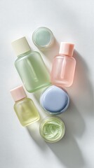 Pastel-colored skincare bottles and jars arranged on white background