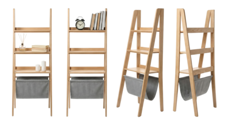 Modern Wooden Ladder Shelf with Fabric Bin and Books - White Background