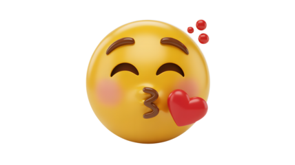 Cheerful yellow 3D emoji face blowing a kiss with red heart and bubbles on a black background conveying a loving mood with soft lighting