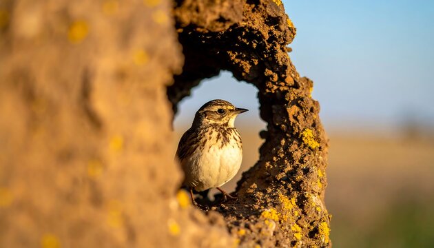 Rufous Hornero bird perched inside its mud nest.