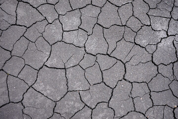 top view of the texture of dry, cracked soil resulting from drought.