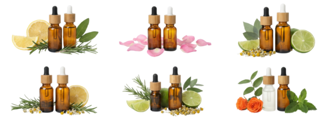 Natural Essential Oils Bottles with Citrus, Herbs, and Rose Petals on White Background