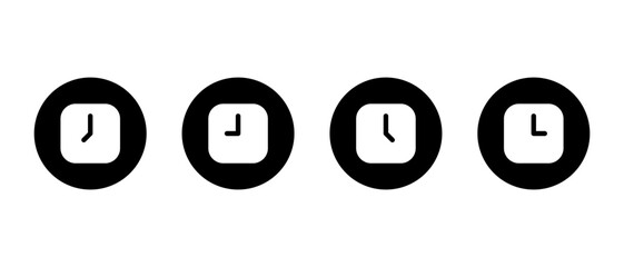 Square clock icon set in black circle. Schedule, deadline, and time symbol