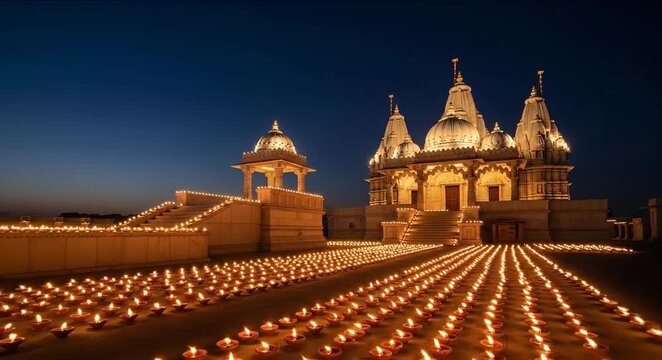 Beautiful illuminated Hindu temple during Mahavir Jayanti celebrations with countless oil lamps at night