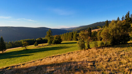 Beautiful morning landscape in the Appalachian Mountains of North Carolina, USA. The Grand Smoky Mountains in autumn. Drone view.