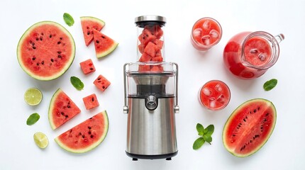 Juicer making fresh watermelon juice with ice and mint leaves surrounded by sliced watermelon. Healthy refreshment drink for summer.