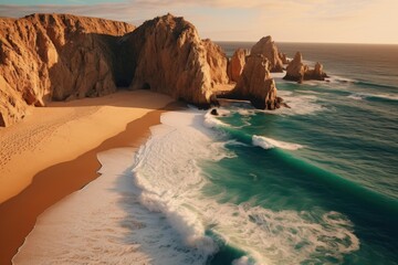 Golden light illuminating rugged sea cliffs and sandy beach with turquoise ocean waves