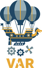 Steampunk-style fantasy airship vector illustration featuring a flying boat with a dragon figurehead lifted by three hot air balloons, accompanied by mechanical gears, a propeller, and the text "VAR".