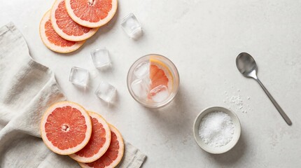 A refreshing drink with sliced grapefruit, ice, and sea salt, showcasing a healthy and natural beverage. Hydration concept.