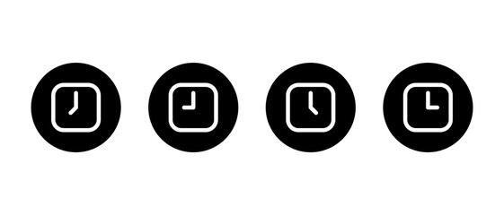 Square clock and time icon set in black circle. Schedule, deadline, and timer symbol