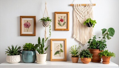 "Bohemian indoor plant arrangement with framed botanical prints and macram&eacute; decor on light wall."