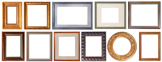 Set of picture frames isolated on white background antique carved gold