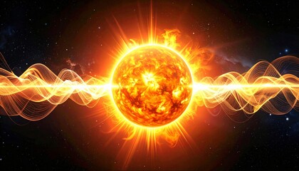 Fototapeta premium Vibrant depiction of the sun emitting solar flares and energy waves into space.