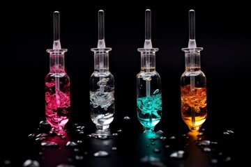 Four glass vials with colorful liquids bubbling on a dark background