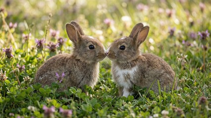 Fototapeta premium Two cute bunny rabbit in spring meadow showing affection, symbolizing love, for greeting card on Valentine day as a romantic animal relationship.