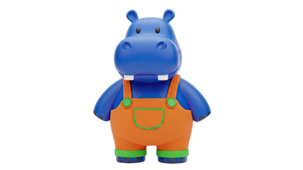 Blue cartoon hippo wearing orange overalls