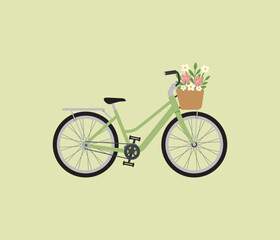 Vintage bicycle with a basket full of flowers. Cute women's city bike with a low frame and front basket.