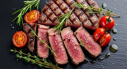 Grilled beef steak is sliced and presented with fresh herbs and tomatoes on a dark surface