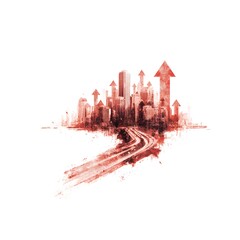 Minimal double exposure illustration of urban skyline and rising market arrows, clean white background, corporate finance branding, copy space center