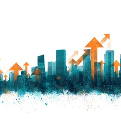 Minimal double exposure illustration of urban skyline and rising market arrows, clean white background, corporate finance branding, copy space center