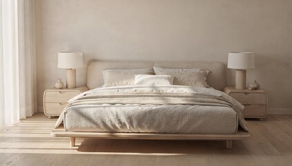Minimalist bedroom interior with a wooden bed, cozy bedding, and two nightstands with lamps. Contemporary home design for comfort.