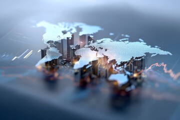Surreal double exposure of global cities floating inside transparent glass charts, investment diversification concept, modern business aesthetic