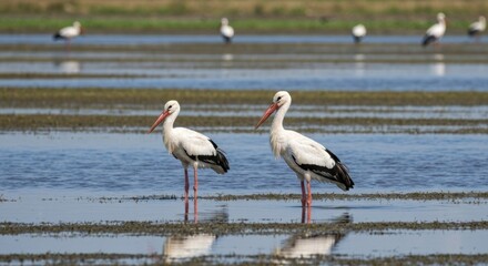 Two white storks stand in shallow water, with more birds in background
