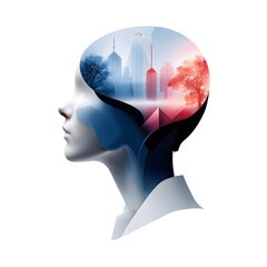 Modern illustration-style double exposure showing AI symbols blended with market graphs, flat design, white background, copy space