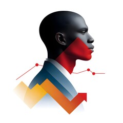 Modern illustration-style double exposure showing AI symbols blended with market graphs, flat design, white background, copy space