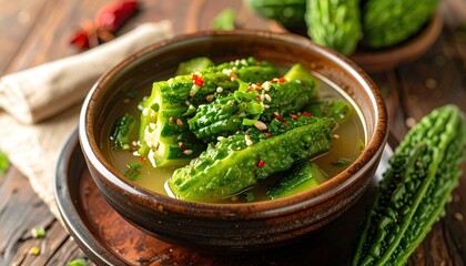 Close-up of a bowl of green, bitter gourd stew with garnishes on wood