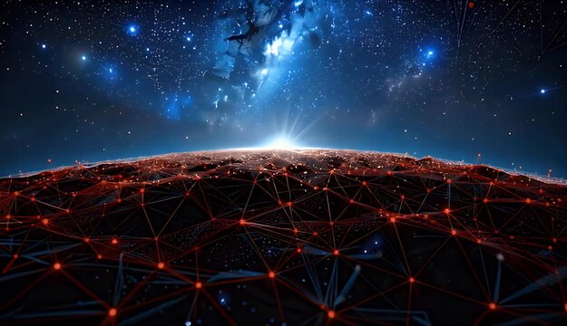 Abstract Global Network with Bright Sunburst Sunrise Over Starry Night Sky and Planetary Grid